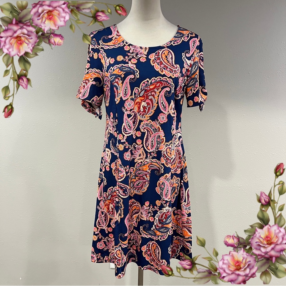 Short sleeve paisley print‎ casual a-line stretchy mini dress